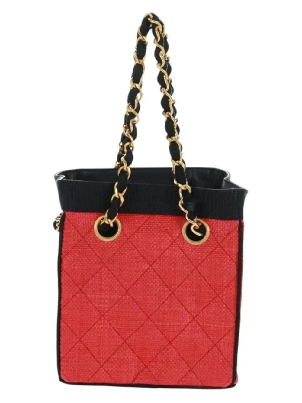 CHANEL Chain Hand Bag Raffia Red Gold CC Auth 162896V